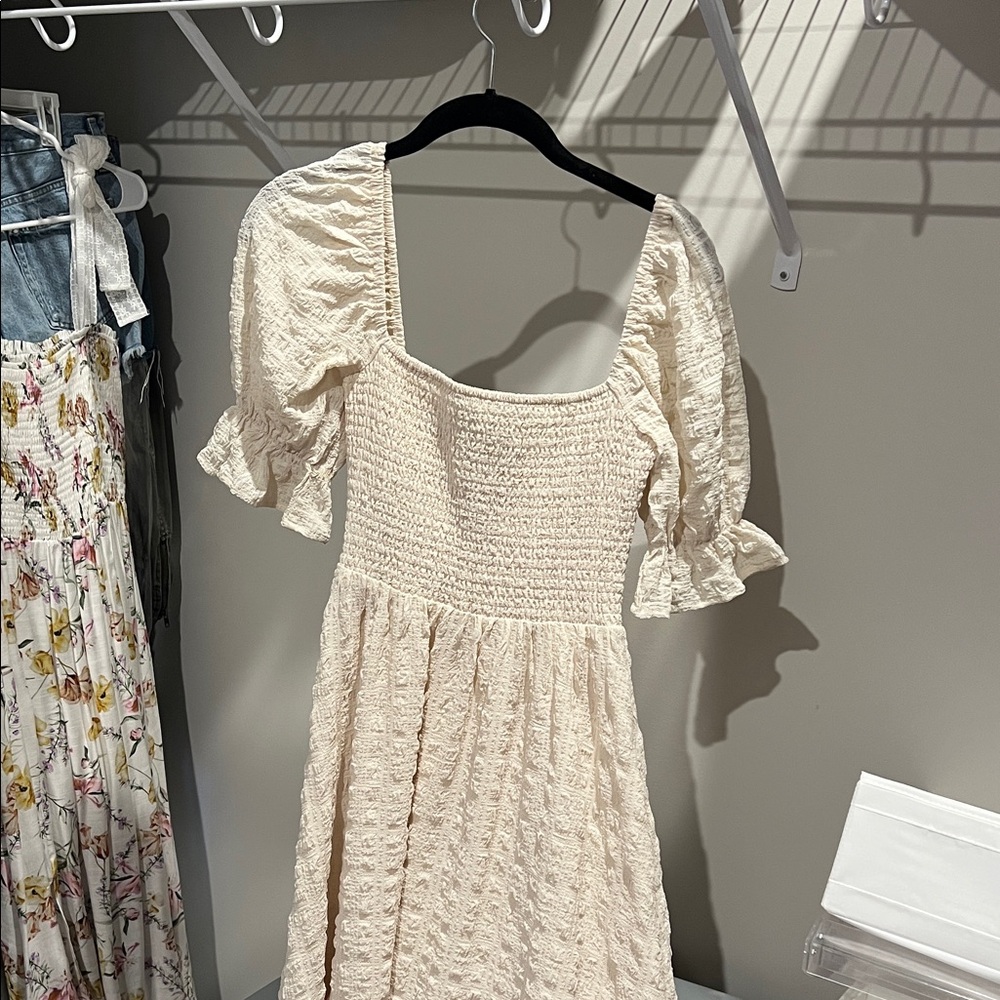 Smocked Square-Neck Midi Dress in Cream